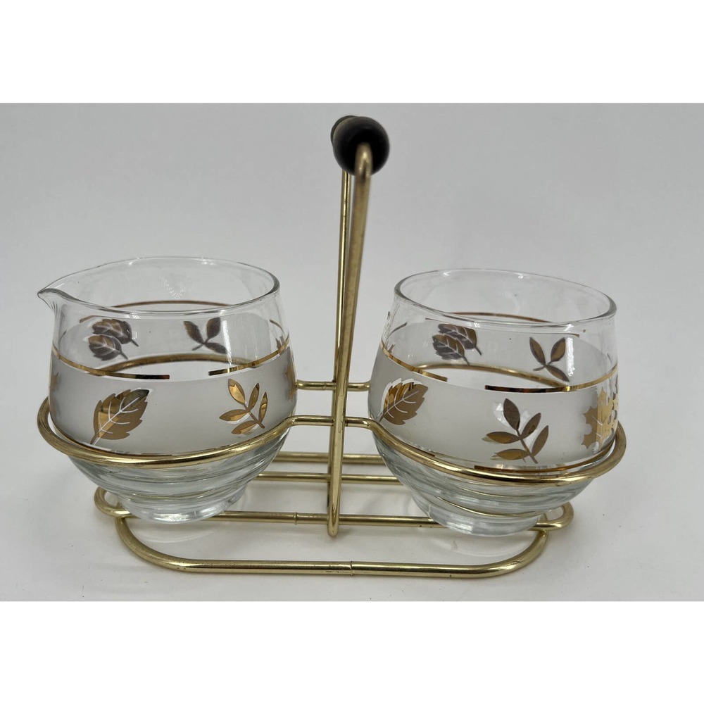Vintage Gold Leaf Glass Cream and Sugar Set with Caddy Mid Century